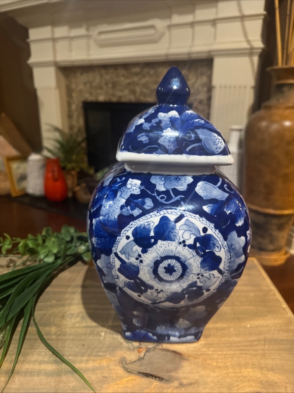 12” Blue & White Ginger Jar with Lid - Classic Peony Home Decor